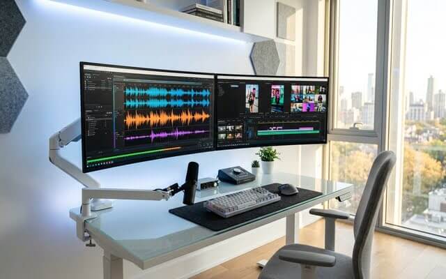 Espacio de trabajo prolijo con pantallas mostrando formas de onda de audio y clips de vídeo