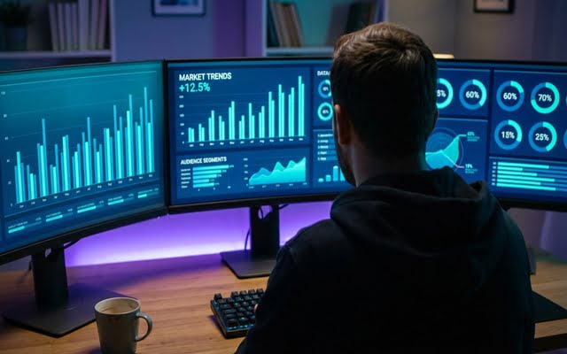Analista observando gráficos de barras, métricas de mercado y tendencias en monitores de alta resolución.