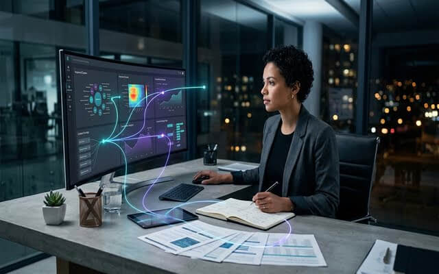 Profesional analizando métricas de marketing y contenidos en monitor curvo.