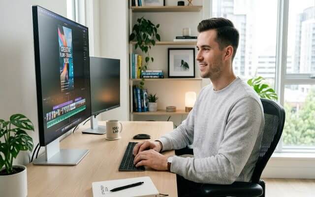 Emprendedor revisando interfaz de software de inteligencia artificial para vídeos