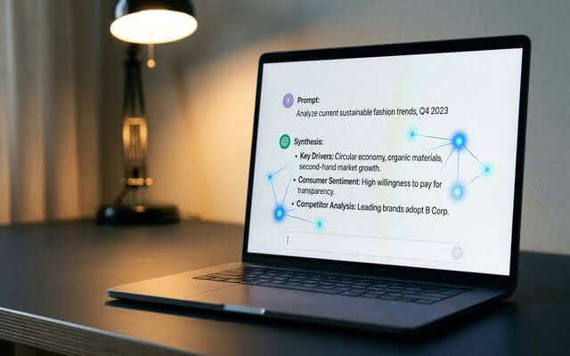 Laptop en un escritorio mostrando una interfaz conversacional con preguntas estructuradas de investigación de mercado.
