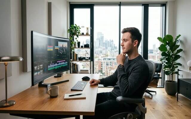 Persona planificando estrategia de vídeo en escritorio minimalista moderno