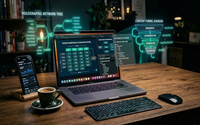 Pantalla de laptop proyectando mapas de palabras clave y métricas para estrategias de SEO y marketing digital asistidas por IA.