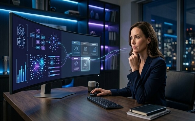 Emprendedora evaluando decisiones estratégicas y automatización en su negocio.