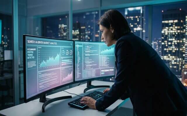 Profesional trabajando de noche en una estación de trabajo analizando flujos de datos y búsquedas web rápidas.