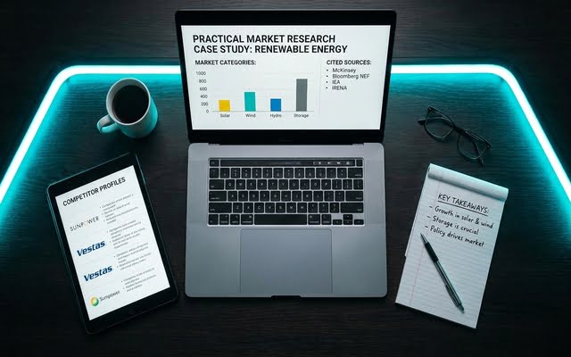 Vista superior de laptop mostrando un caso práctico de análisis de mercado con gráficos y notas de trabajo.