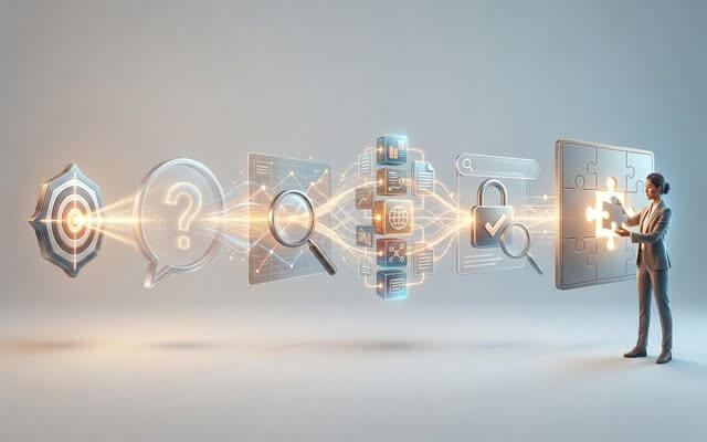 Ilustración conceptual de iconos digitales de consulta, búsqueda web y validación de fuentes de datos.