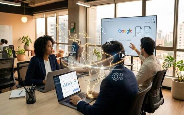 Equipo de trabajo colaborando en una oficina moderna analizando herramientas de búsqueda e inteligencia artificial.