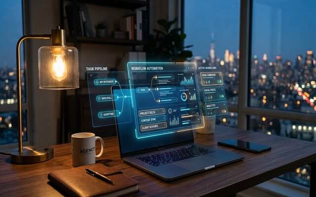 Interfaz de automatización y flujos de trabajo con Claude Cowork en laptop.