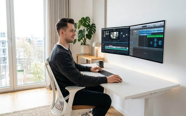 Creador de contenido editando vídeo en monitores ultra anchos con IA
