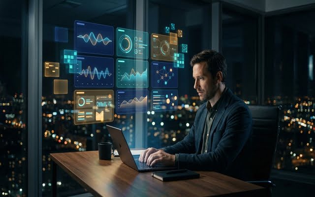 Un profesional de SEO trabajando con una computadora portátil de noche, con una gran pantalla holográfica flotante que muestra módulos, tablas y datos organizados, ilustrando la generación de ideas con IA.