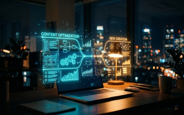 Esquema holográfico de optimización y creación de contenido en laptop