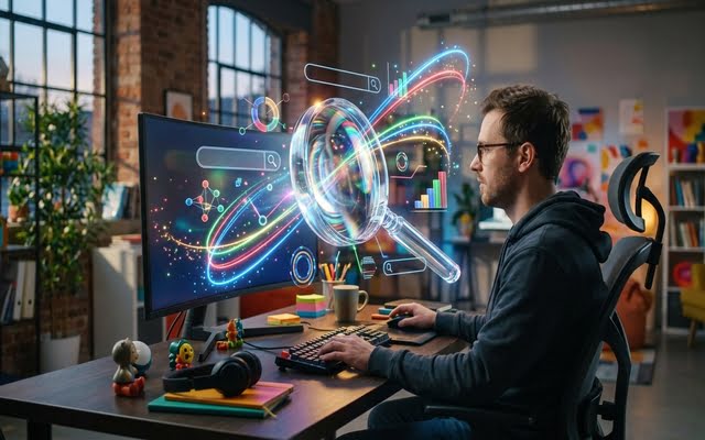Un usuario en su escritorio de trabajo analizando un monitor del que surge una gran lupa digital y elementos gráficos tridimensionales, que simbolizan la validación y el análisis de datos de búsqueda en internet.