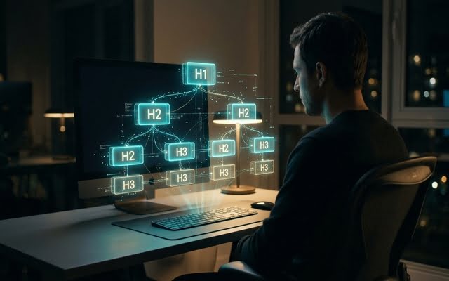 Hombre diseñando estructura jerárquica de encabezados H1, H2 y H3 en pantalla