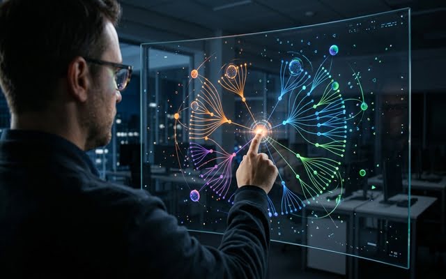Un profesional de espaldas interactuando con una gran pantalla táctil transparente que muestra un mapa de nodos interconectados y redes semánticas, representando la organización de palabras clave en clusters temáticos.