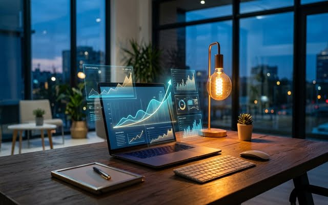 Gráficos holográficos de métricas y rendimiento SEO para medir la salud de clusters de contenido.