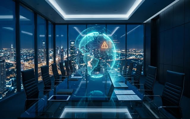 Holograma con alerta ámbar indicando detección de canibalización y errores en clusters de contenido.