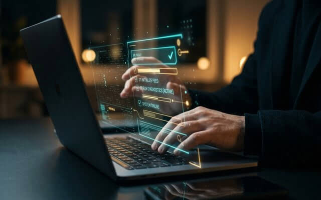 Manos escribiendo en laptop con lista de verificación holográfica