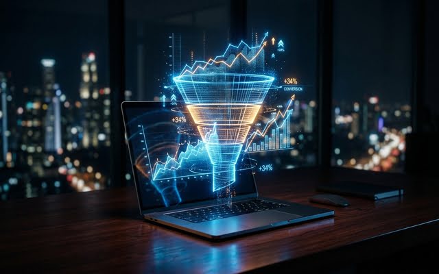 Embudo de tráfico y gráficos de rendimiento proyectados en laptop