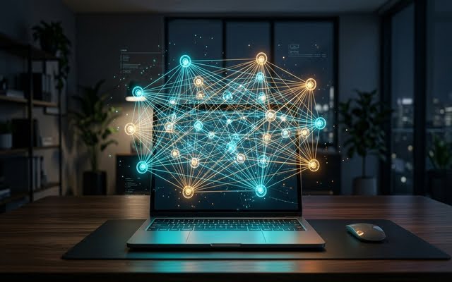 Red holográfica de enlaces internos y grupos temáticos sobre escritorio