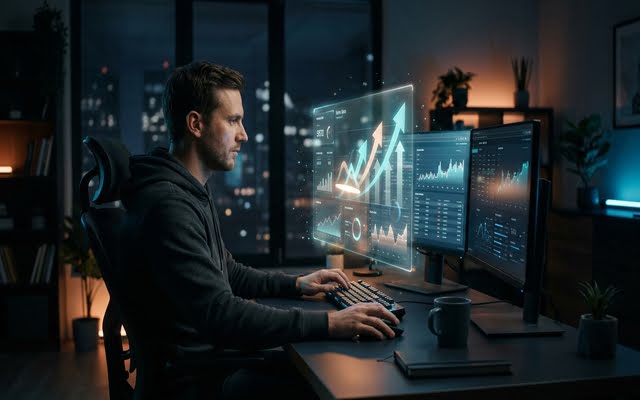 Profesional revisando gráficos de crecimiento y métricas en monitor doble
