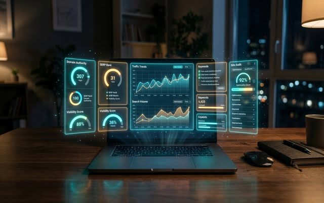 Paneles holográficos con herramientas y métricas analíticas de SEO