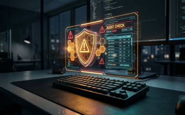 Escudo de advertencia holográfico para auditoría y verificación de datos
