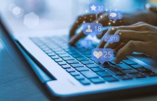 Businesswoman laptop using ,Social, media, Marketing concept / blue tone